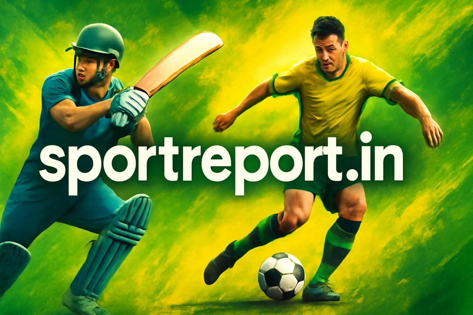 Modern professional sports banner for sportreport.in with bold domain name and sports graphics