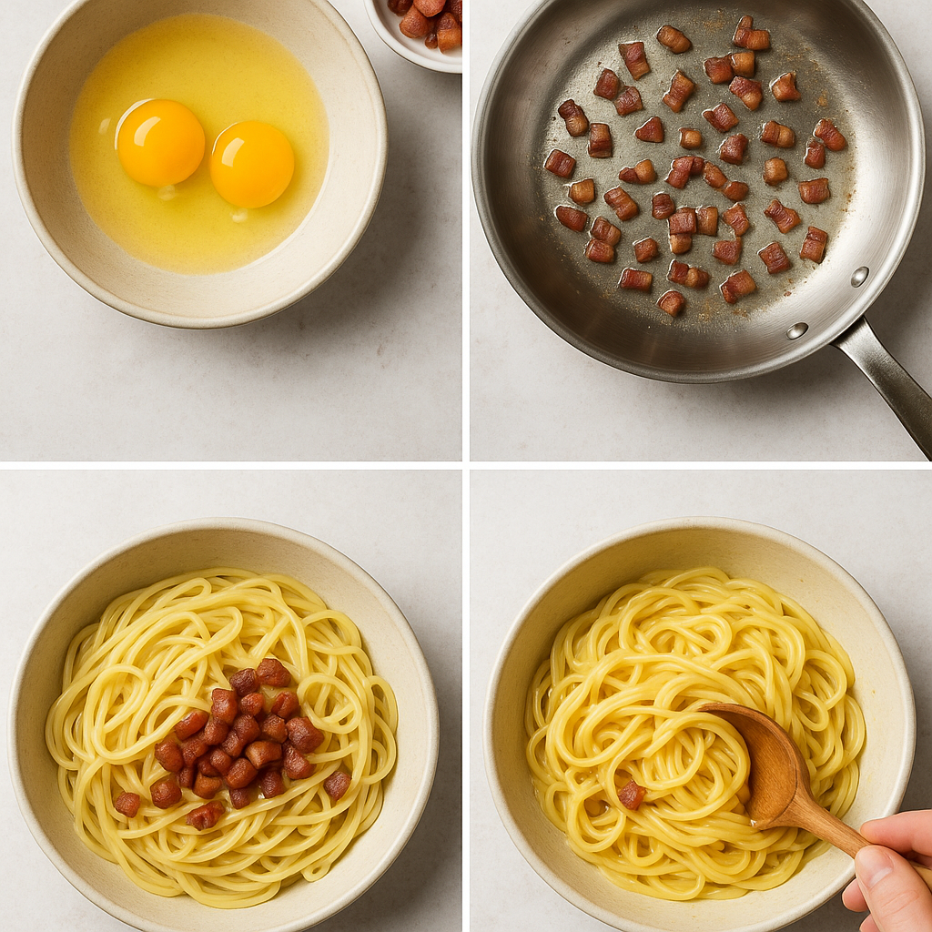 Processo passo a passo do preparo da carbonara mostrando técnicas essenciais