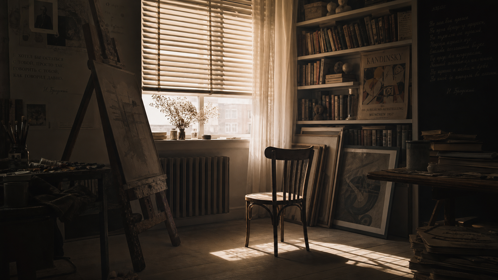 An artist's studio in shadow — empty chair facing the light, bookshelves in the background