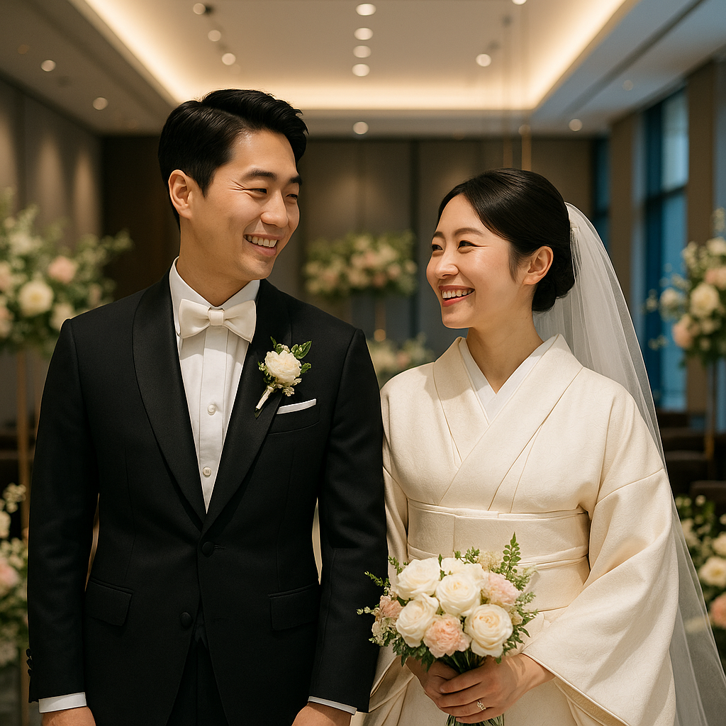 행복한 한일 국제 커플의 결혼식