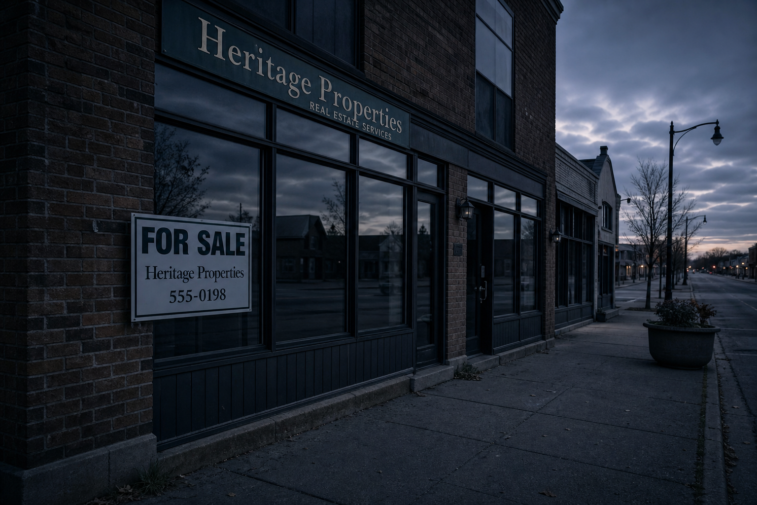 A traditional real estate brokerage office at dusk — lights off, business slowing