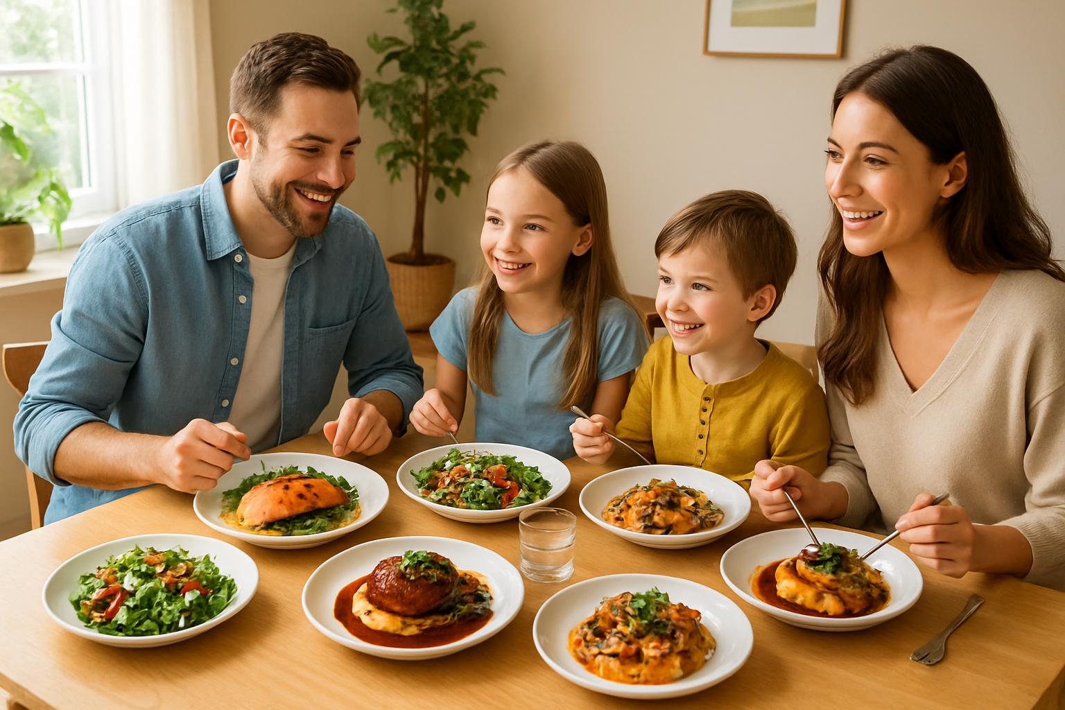 Family enjoying gourmet meals delivered by Send a Meal