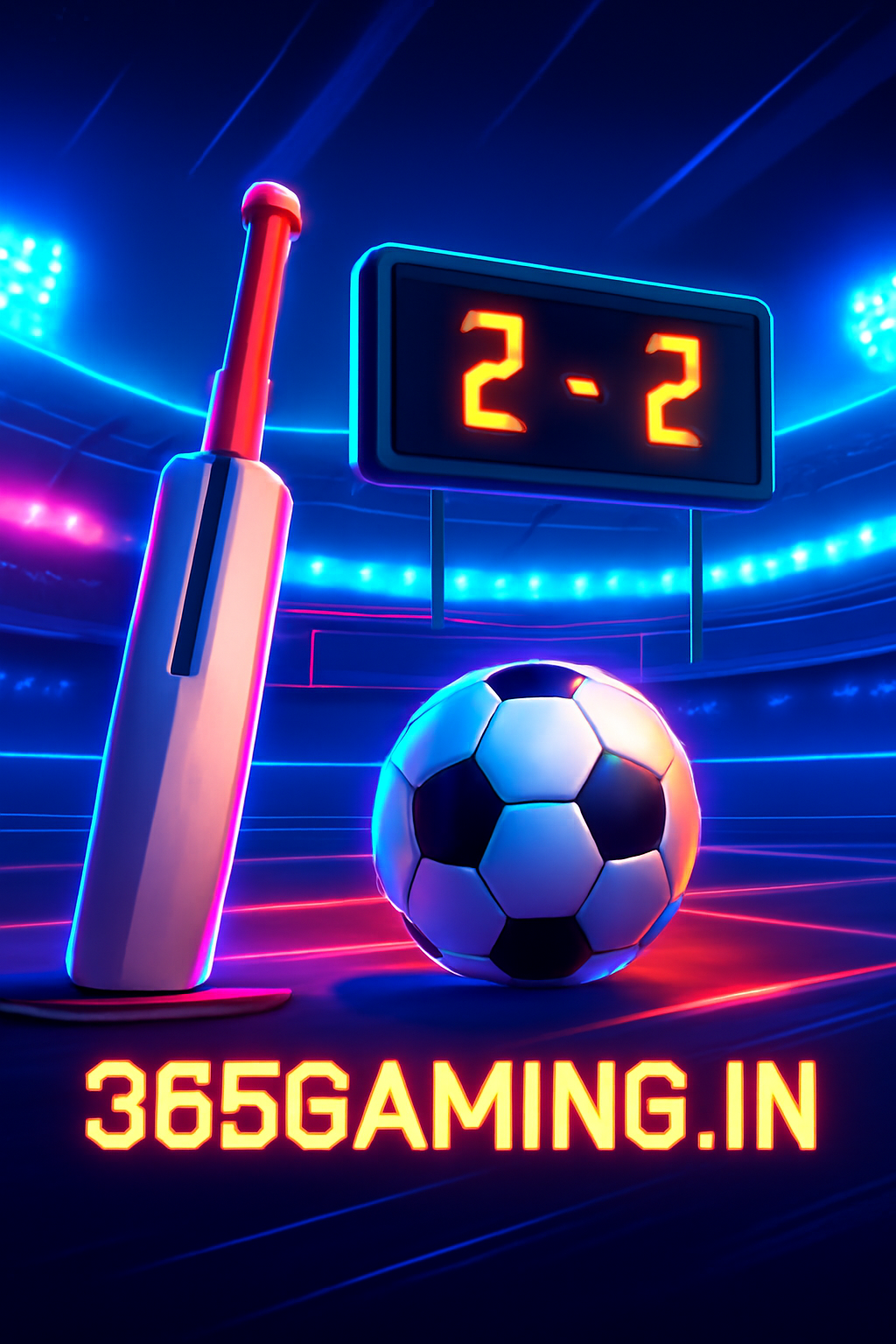 Futuristic sporty ad poster for 365gaming.in with sports elements and neon lights