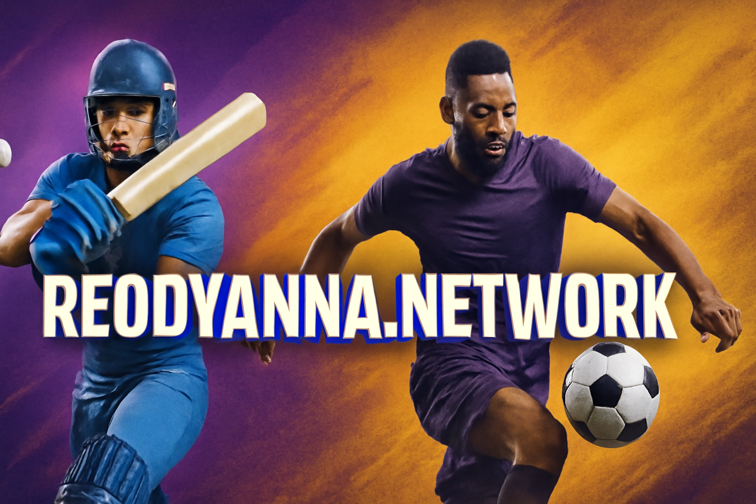 Modern professional sports banner for reddyanna.network with bold domain name and sports graphics