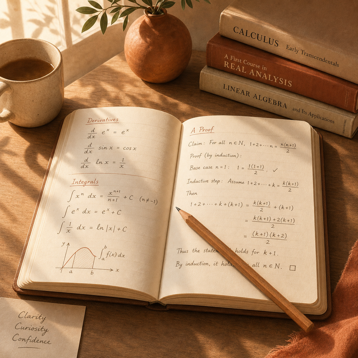 Open mathematics notebook with handwritten equations and a pencil — math tutoring