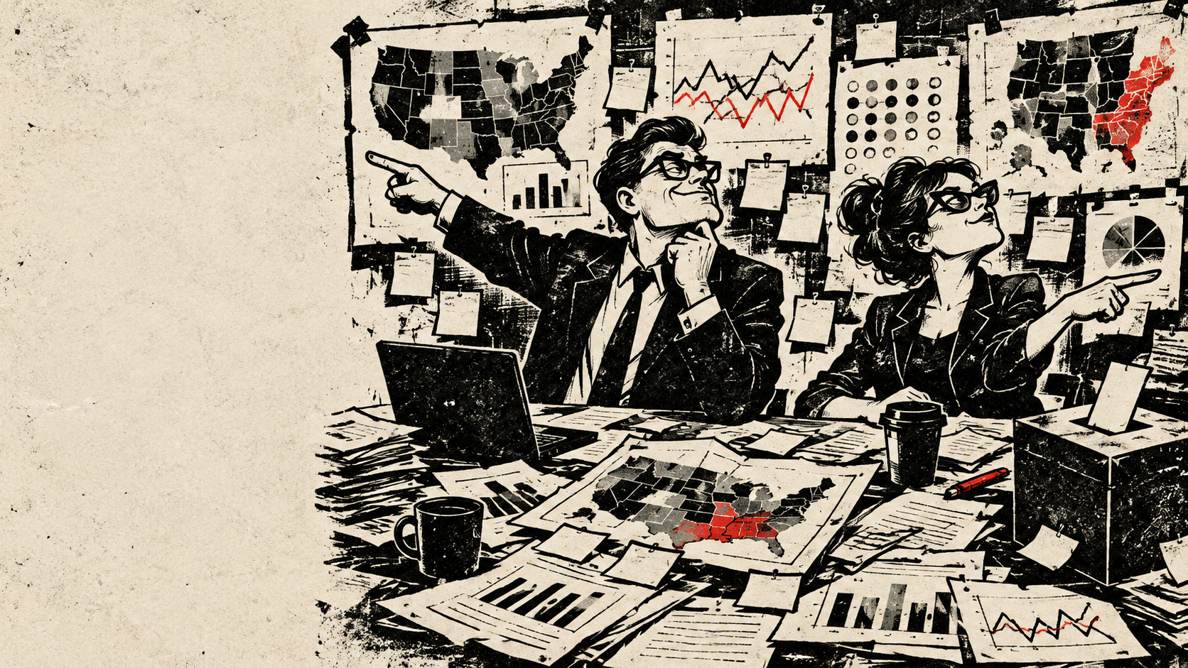 Two fictional overconfident pundits misreading election evidence at a cluttered desk