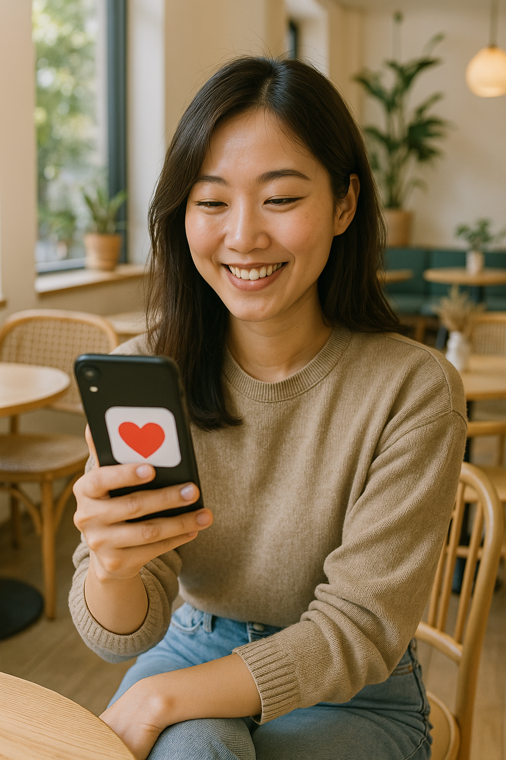 밝은 카페에서 스마트폰을 보며 미소 짓는 한국인 여성