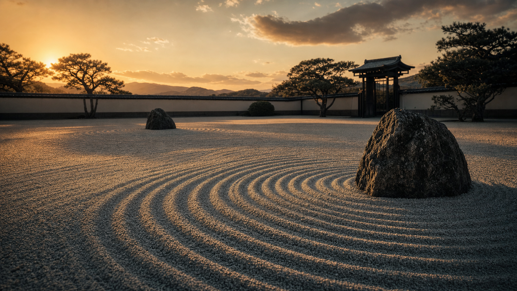 Zen stone garden at dusk — patience and precision