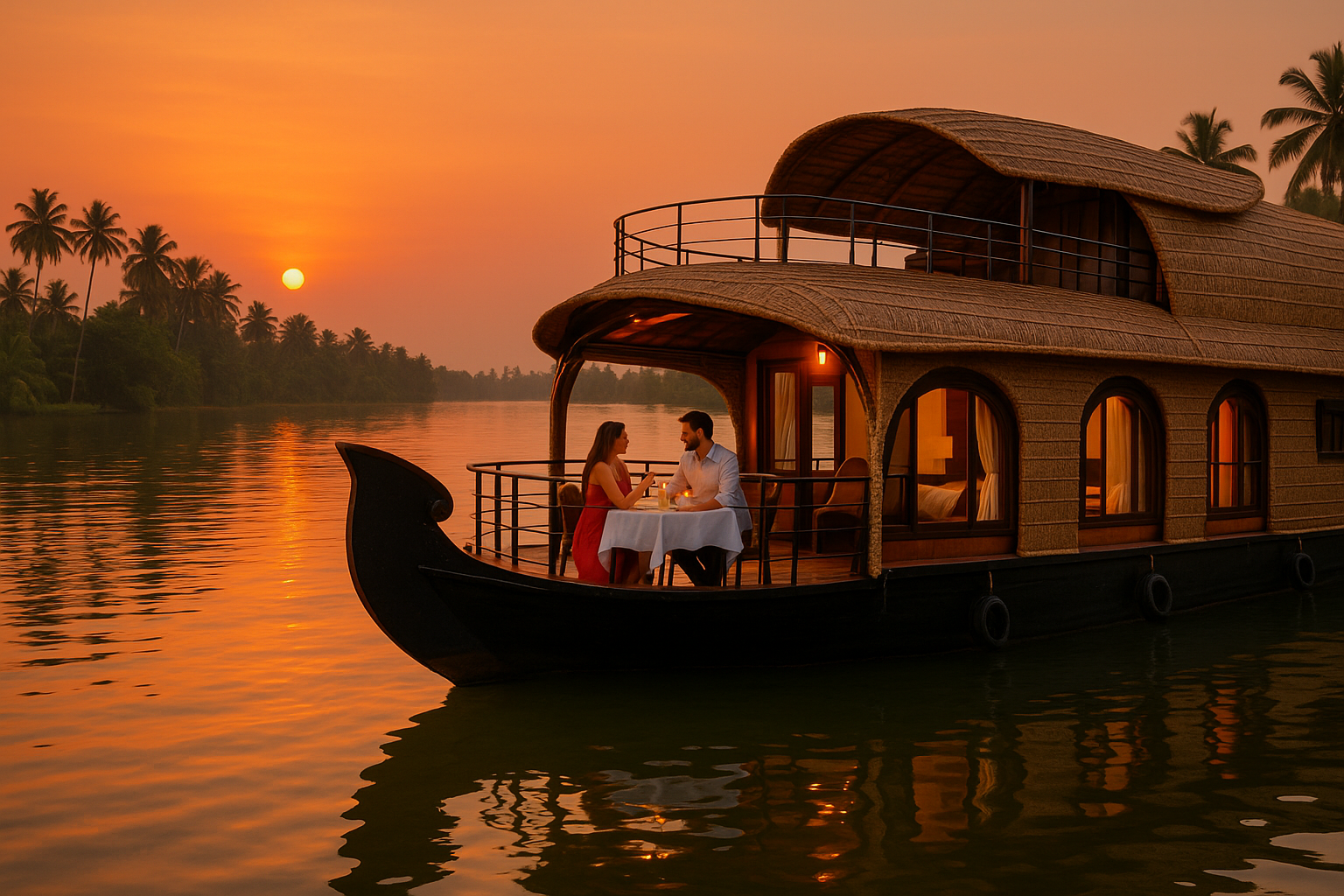 Featured image for Kerala backwaters travel blog post showing romantic houseboat experience