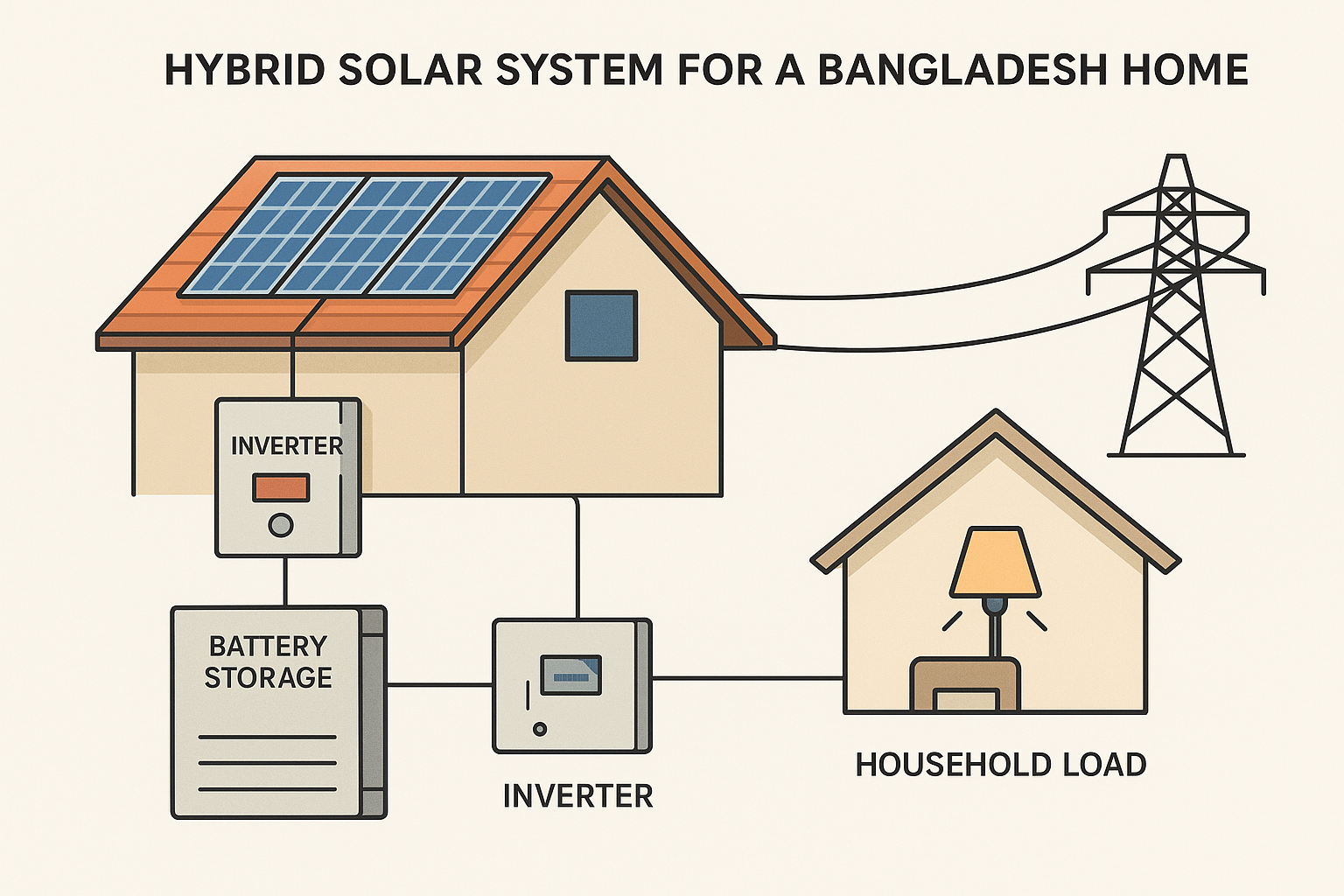 Diagram of hybrid solar system with battery backup for Bangladeshi homes