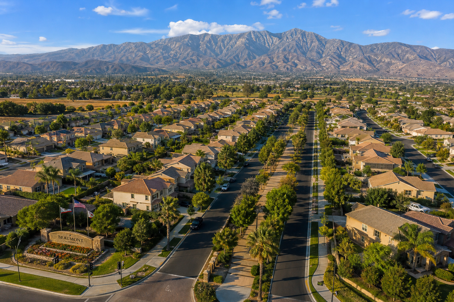 Aerial view of Beaumont California residential neighborhoods where Precision One Services provides AC repair