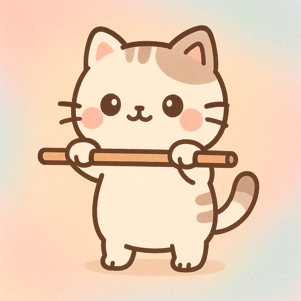 Kawaii cat demonstrating front raise exercise with stick