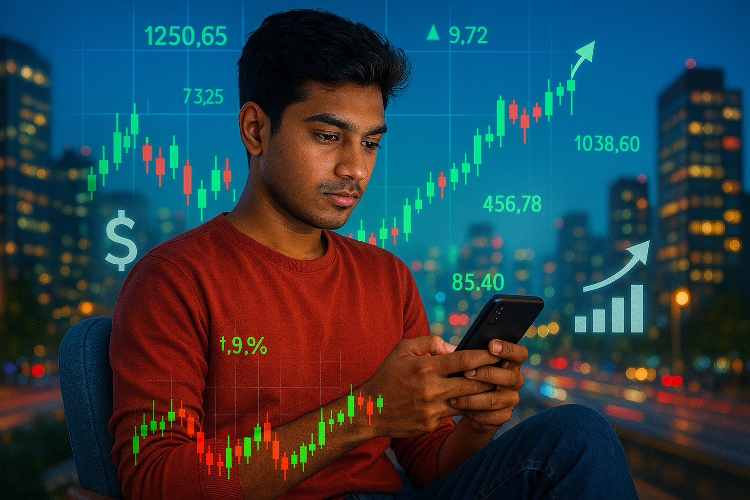 Modern Indian investor using mobile app for demat account trading