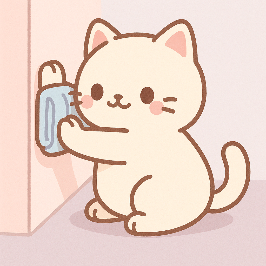 Kawaii cat performing isometric internal rotation with towel