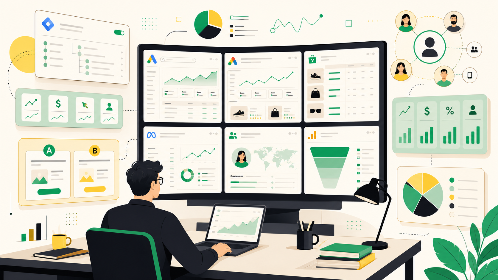 Illustration d'un Traffic Manager avec dashboards Google Ads, Meta Ads, GA4, GTM et métriques ROAS/CPA/CTR