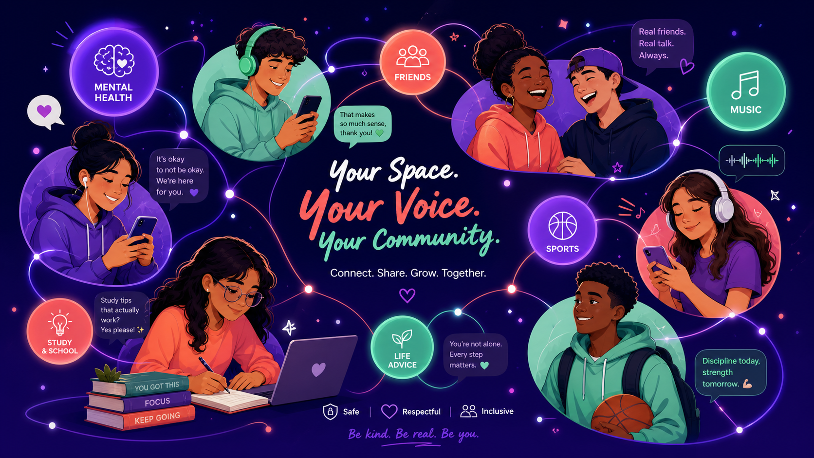 Jóvenes conectados en una comunidad digital vibrante
