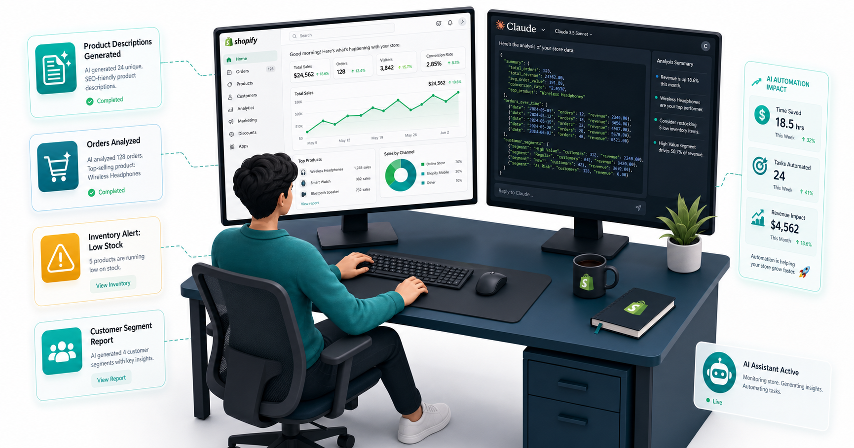 Store owner connecting Claude and Shopify for live AI automation and data reporting