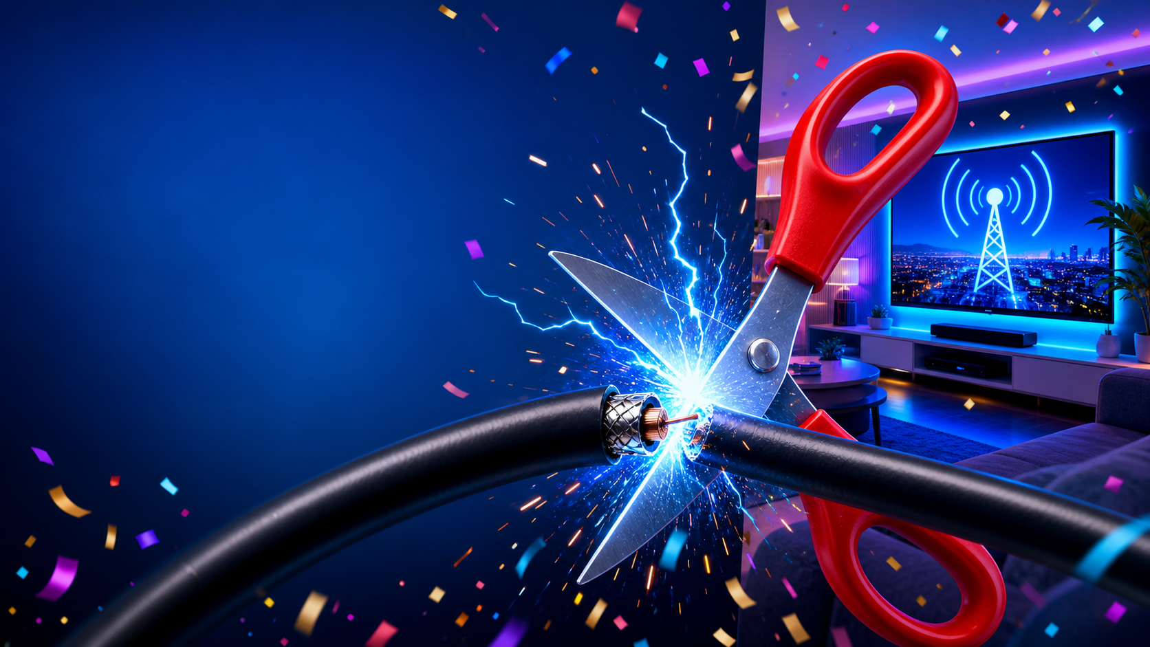 Scissors cutting a cable TV cord hero graphic