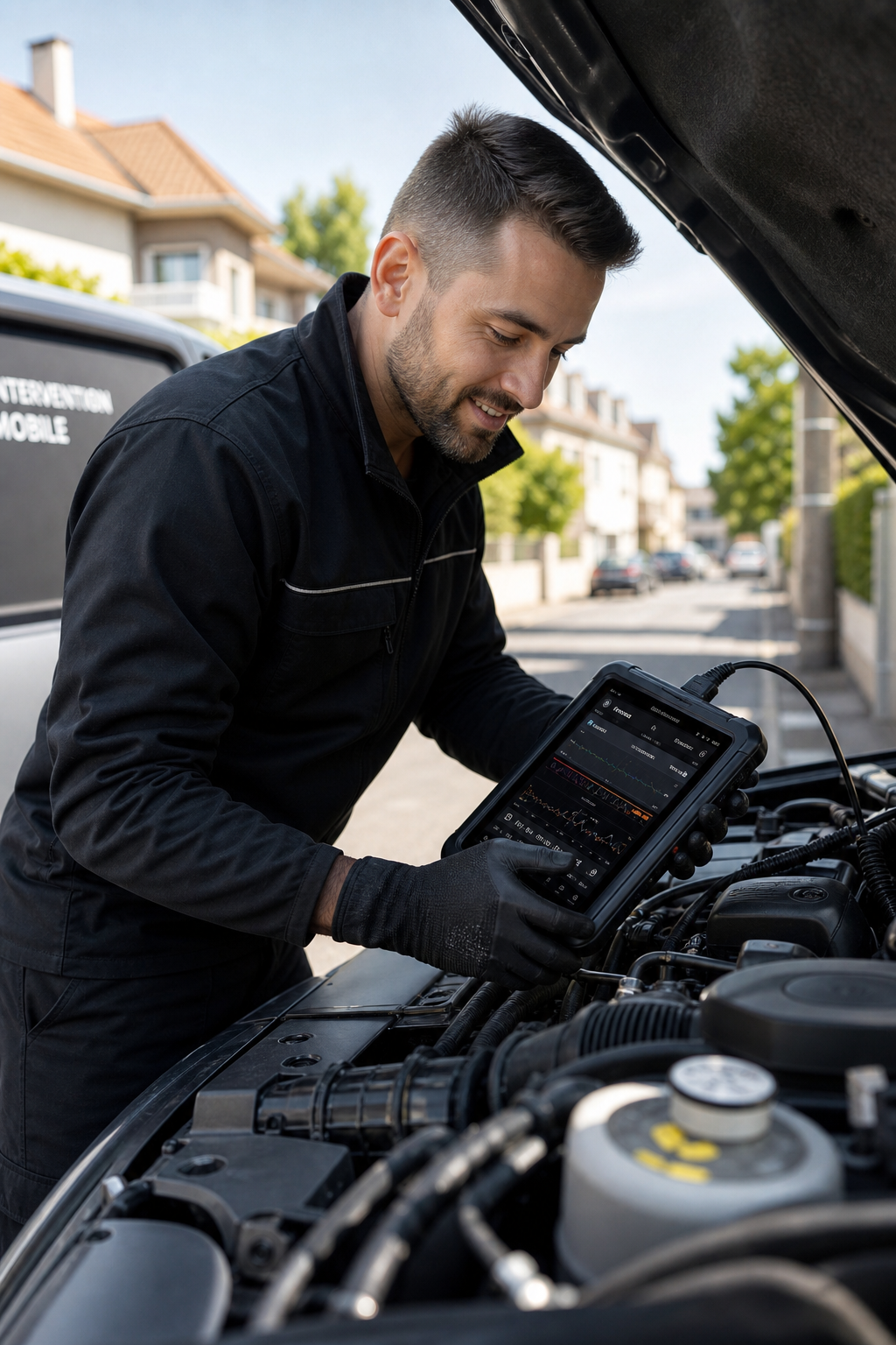 Technicien automobile en intervention mobile, ambiance lumineuse de jour