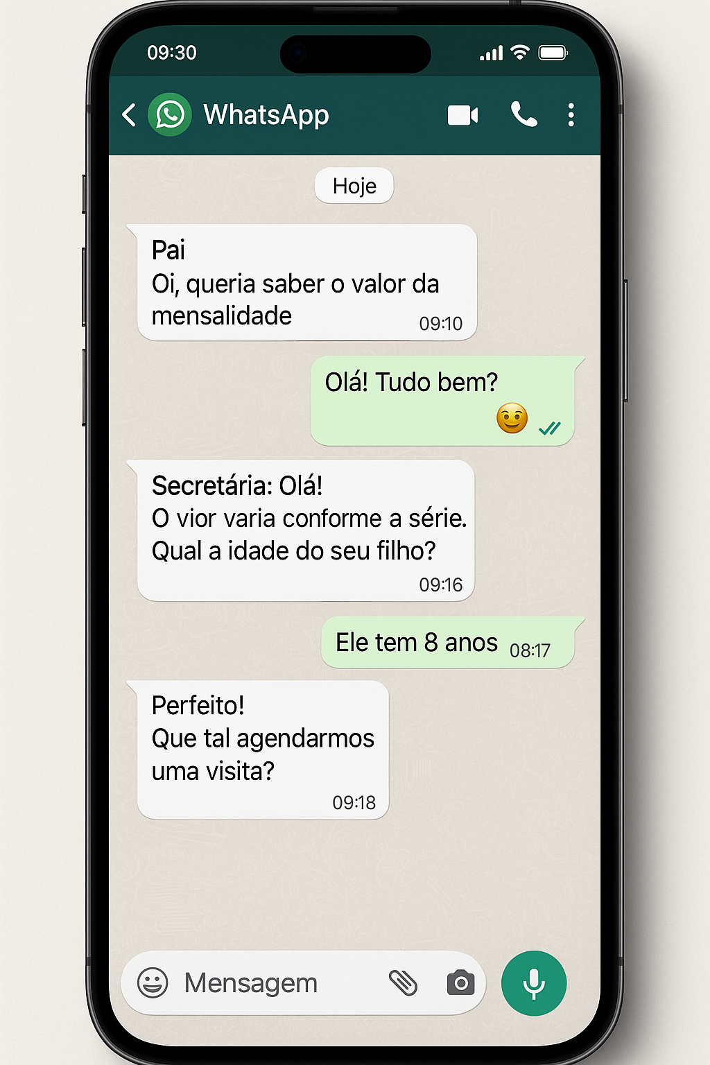 Conversa real no WhatsApp para captação de alunos com script em português