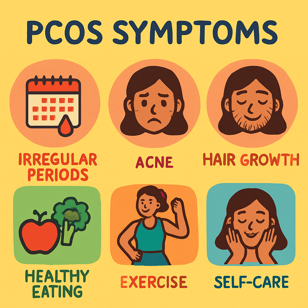 Animated image showing PCOS symptoms and positive lifestyle messages