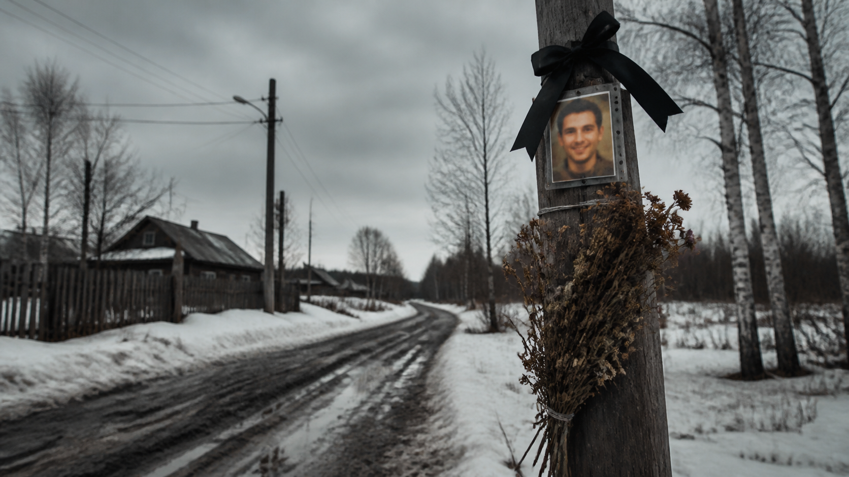 A lone Russian soldier’s boot in winter mud, dog tag resting beside it, no face visible