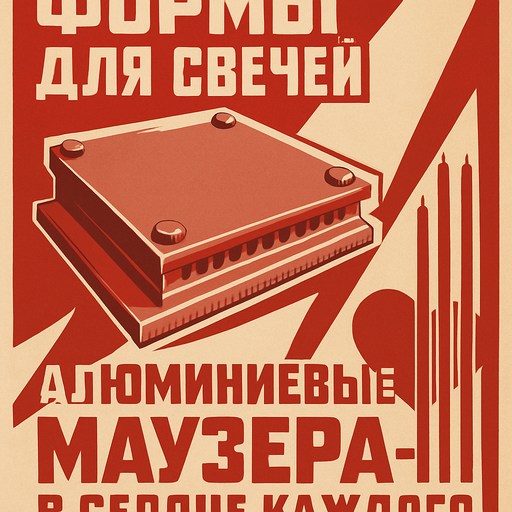 Soviet-style poster with aluminum candle molds and Russian slogan