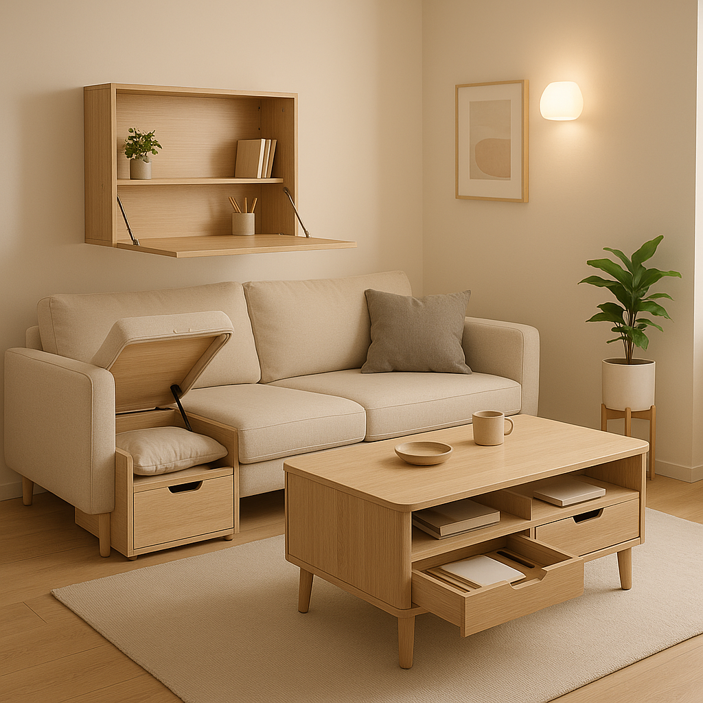Muebles multifuncionales para sala de estar pequeña con soluciones de almacenamiento