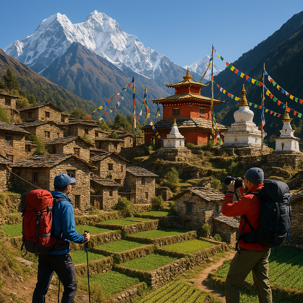 Male trekkers exploring traditional Buddhist monastery in Nepal mountain village