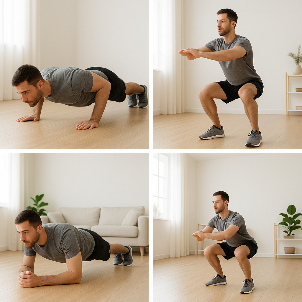 Bodyweight exercises demonstration showing no-equipment home workout options
