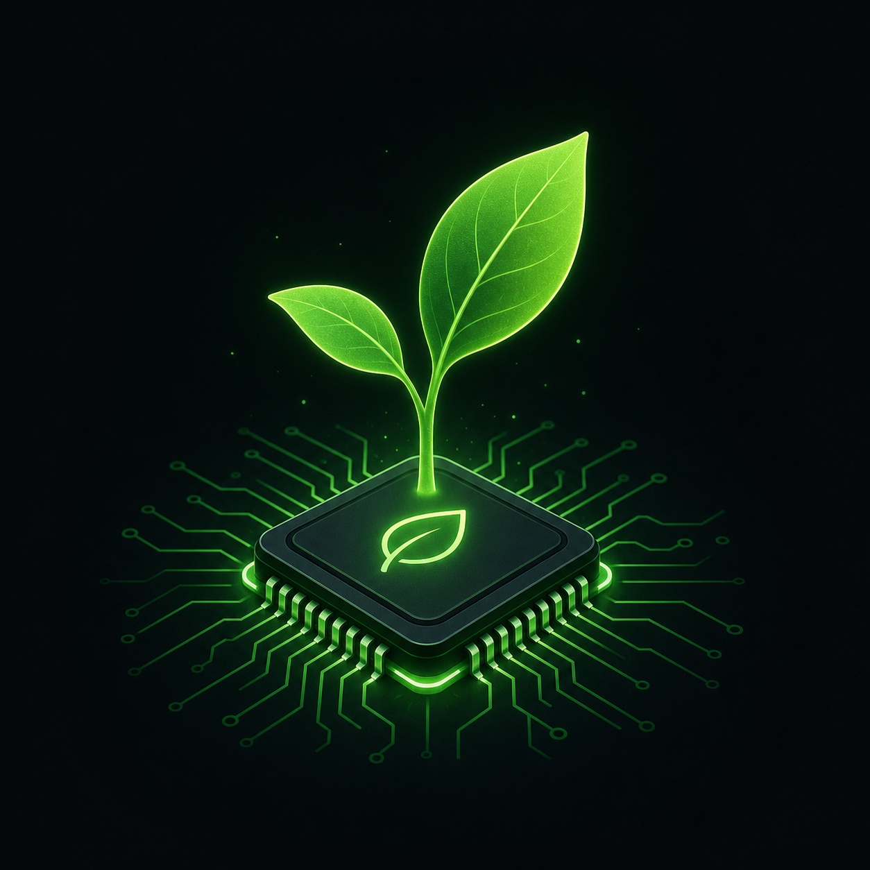 Eco-Gear adaptive mode illustration — CPU chip with a leaf