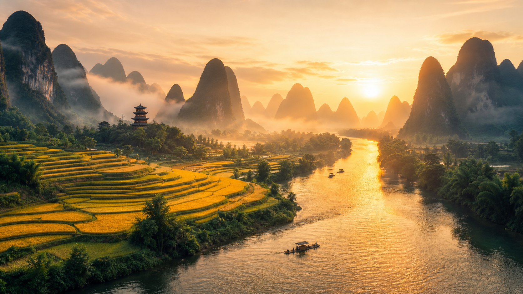 Paesaggio della Cina: montagne carsiche di Guilin e risaie dorate
