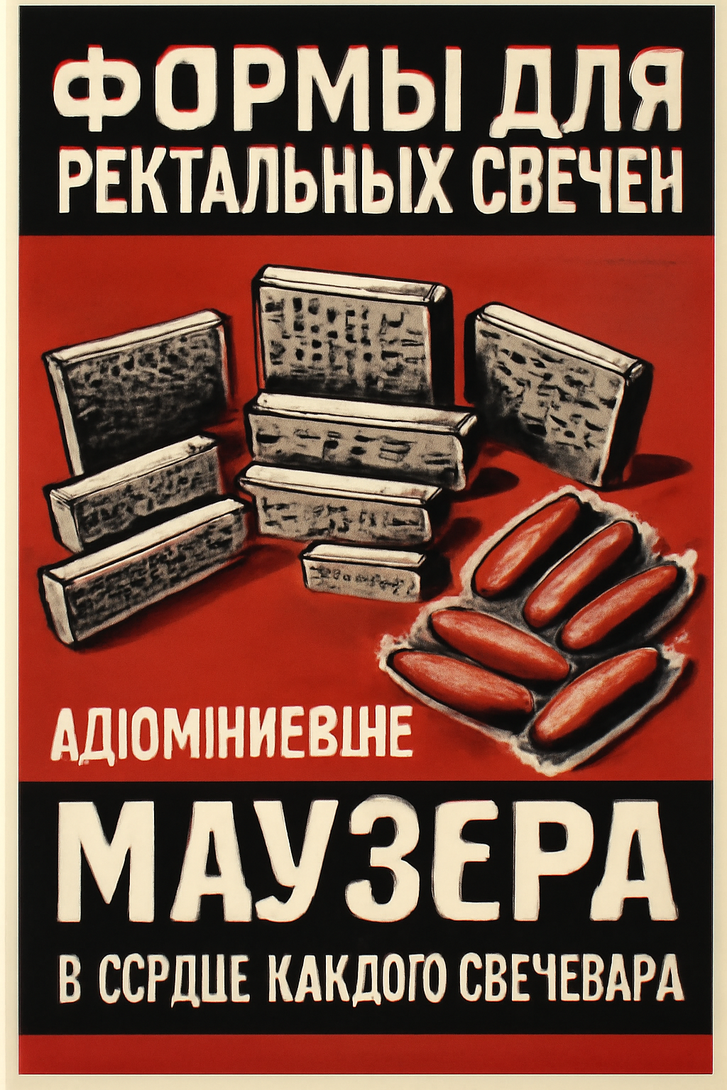 USSR style poster with Mauser molds for suppositories