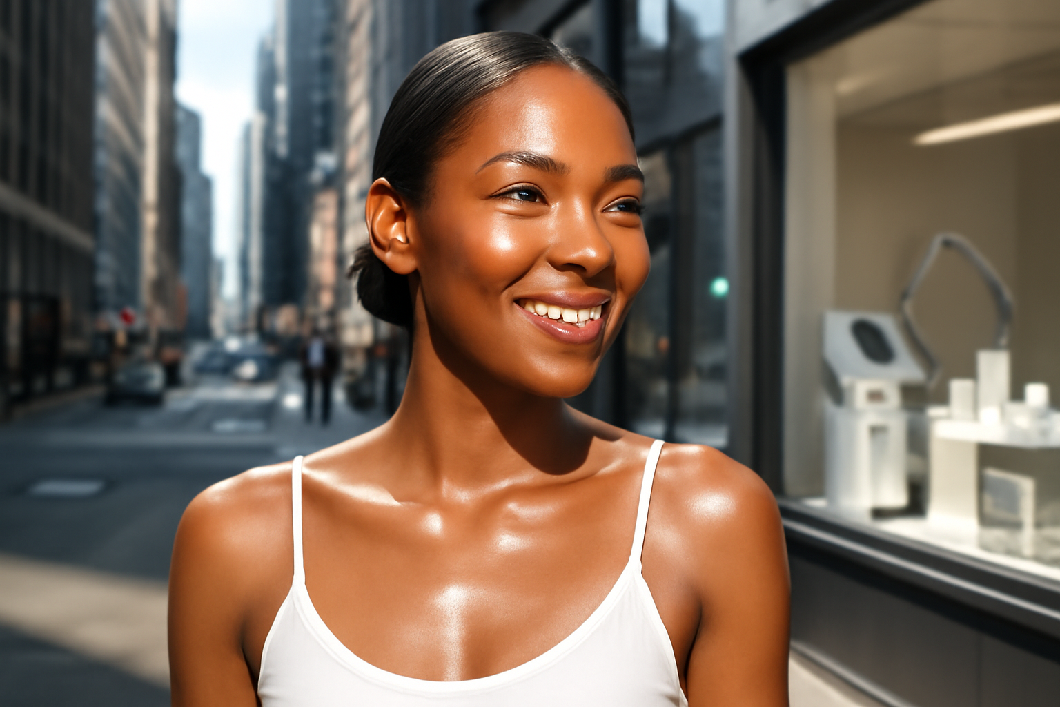 Photorealistic image of a confident woman with flawless skin in a bustling city environment reflecting modern beauty and laser hair removal.