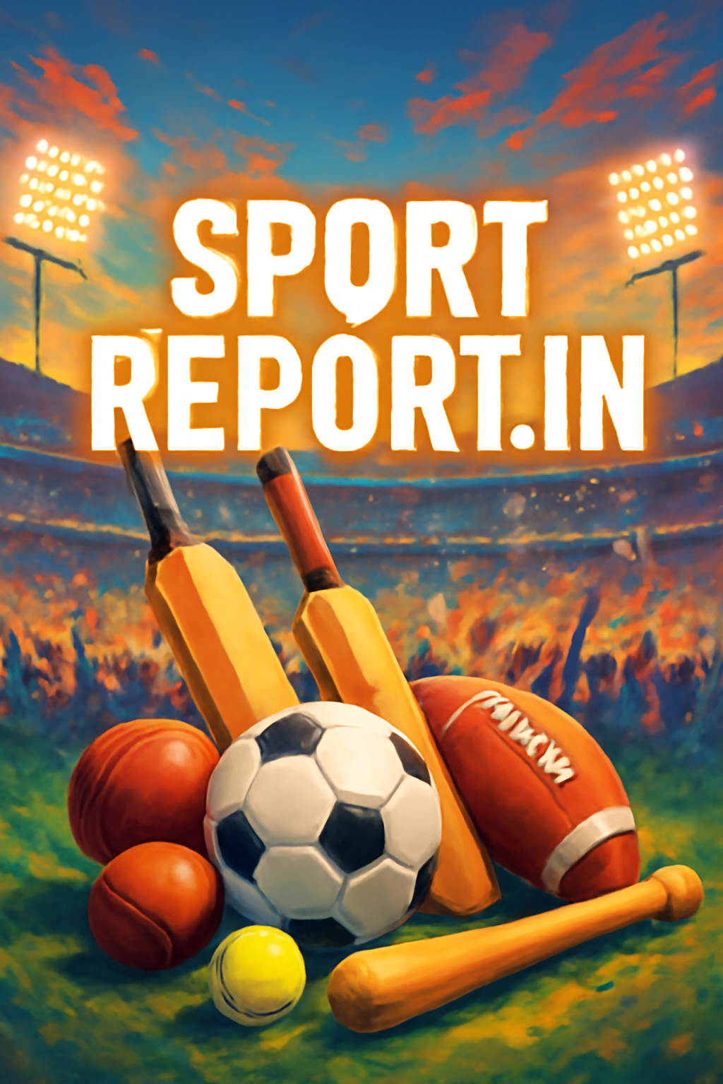 Sports-style ad poster for sportreport.in with sports equipment and community background