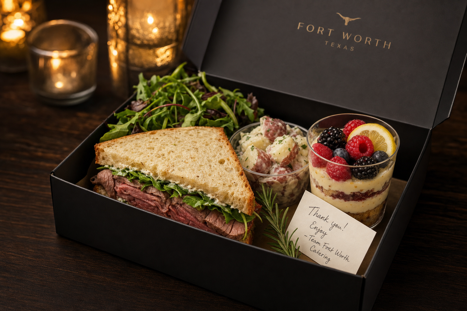 Executive Fort Worth Texas box lunch with thinly sliced prime rib sandwich, mixed greens, red potato salad, and a layered lemon berry trifle in a black bento box, candle-lit