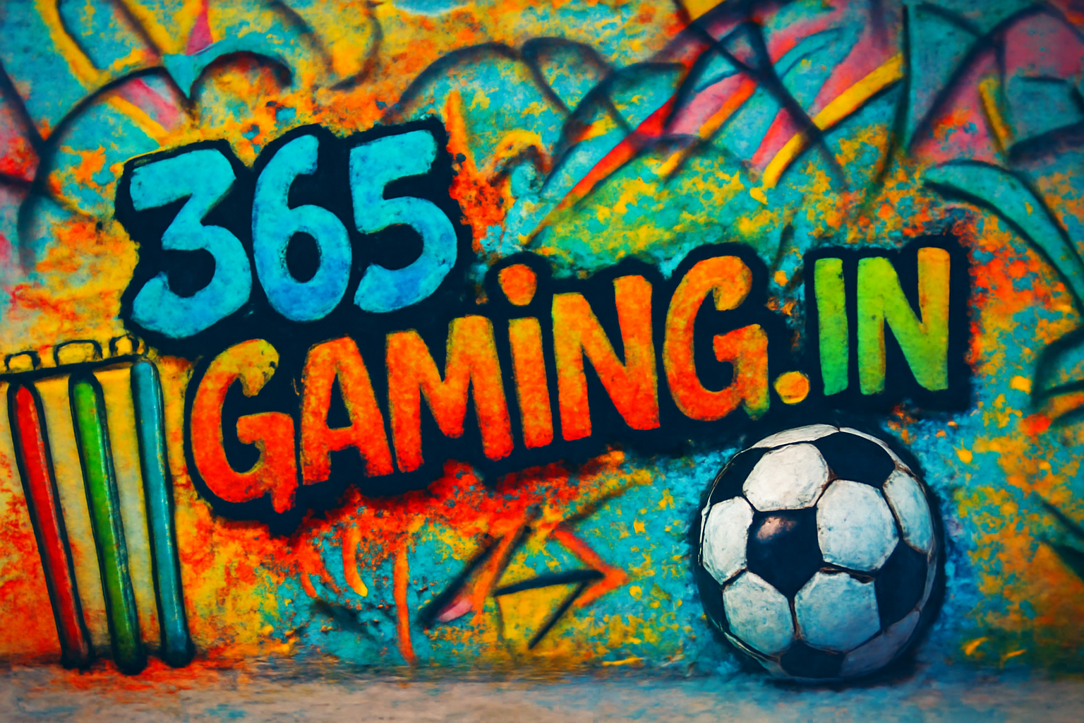 Graffiti style ad poster for 365gaming.in with cricket stumps and football