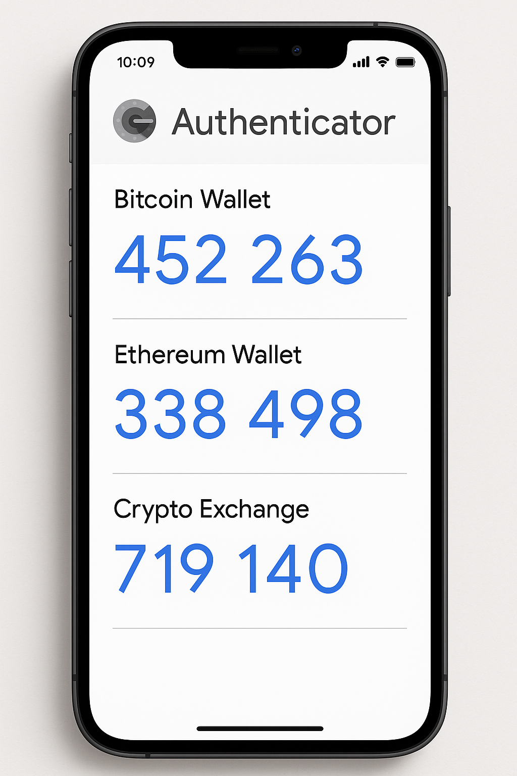 Google Authenticator app displaying time-based verification codes for crypto exchanges