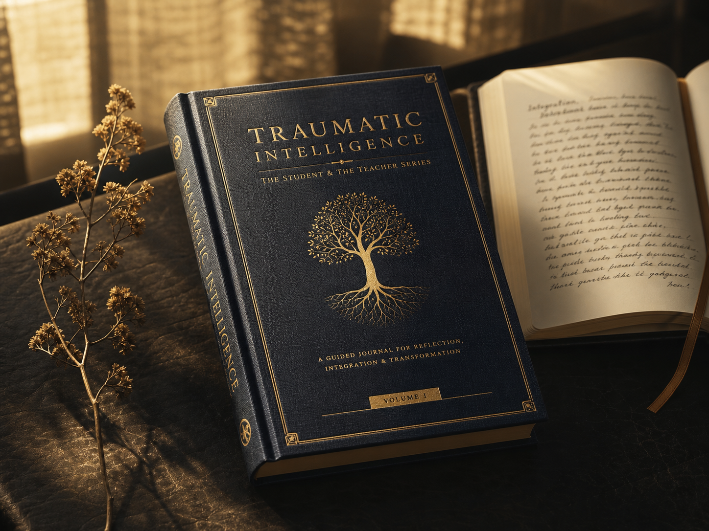 Deep indigo journal with gold cover beside botanical branch and handwritten pages representing Traumatic Intelligence