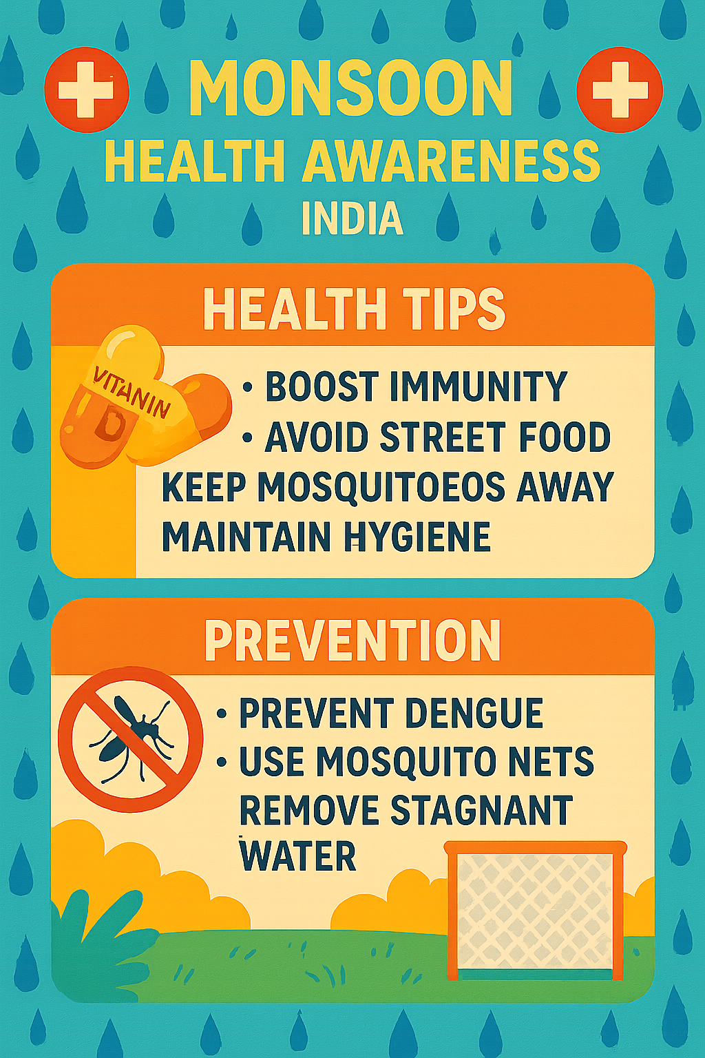 Monsoon health awareness infographic highlighting key health concerns during India's rainy season