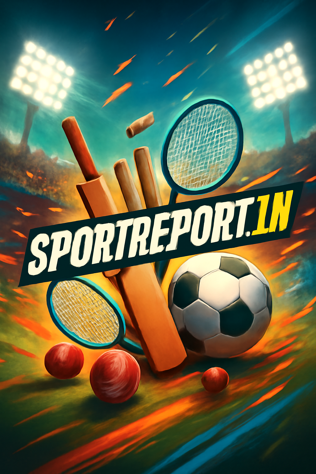 Sports-style ad poster for sportreport.in with sports equipment and community background