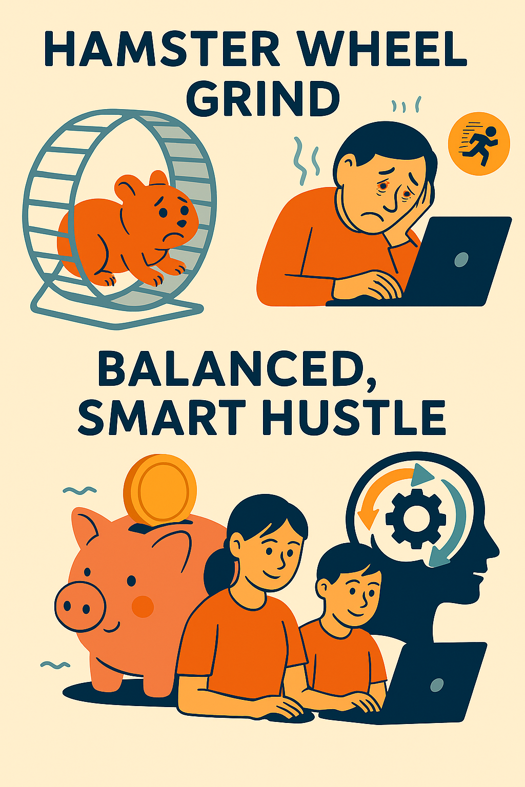 Illustration contrasting endless grind on a hamster wheel with balanced smart hustle