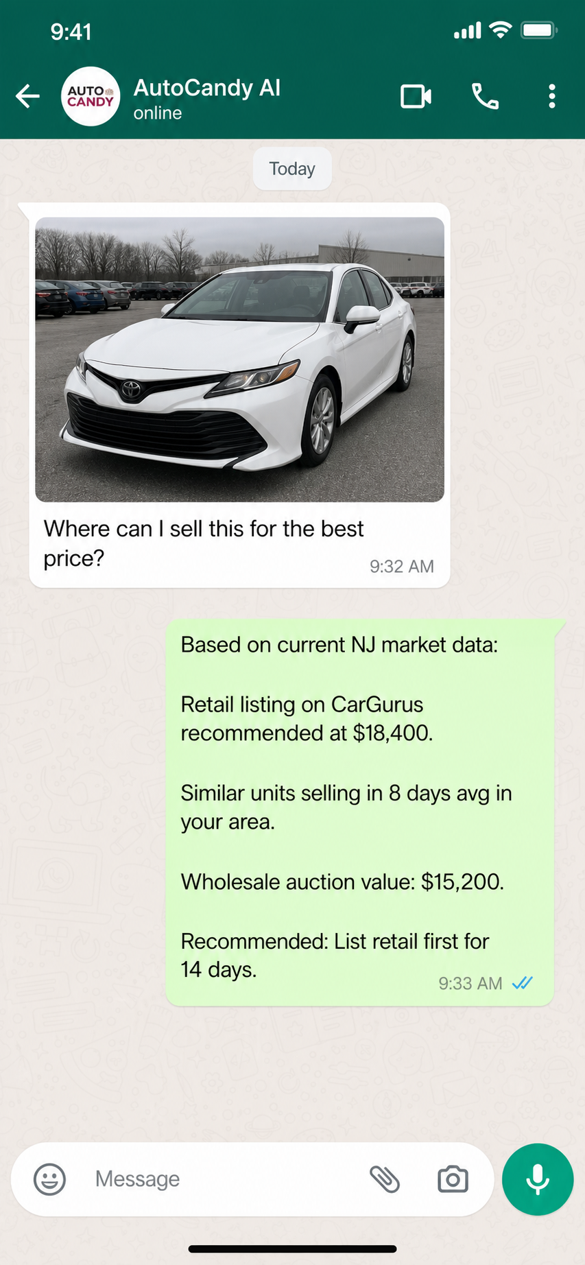 AutoCandy WhatsApp conversation showing AI responding to dealer with car pricing and market intelligence