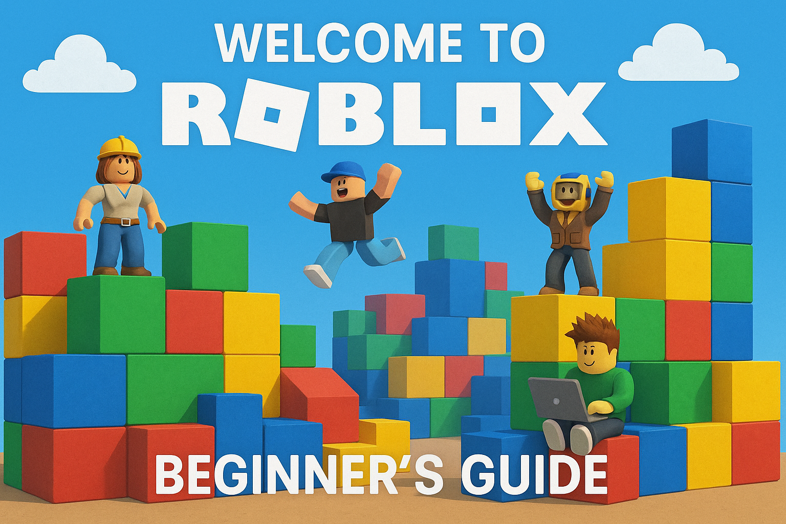 Roblox beginner's guide feature image showing colorful blocks and avatars