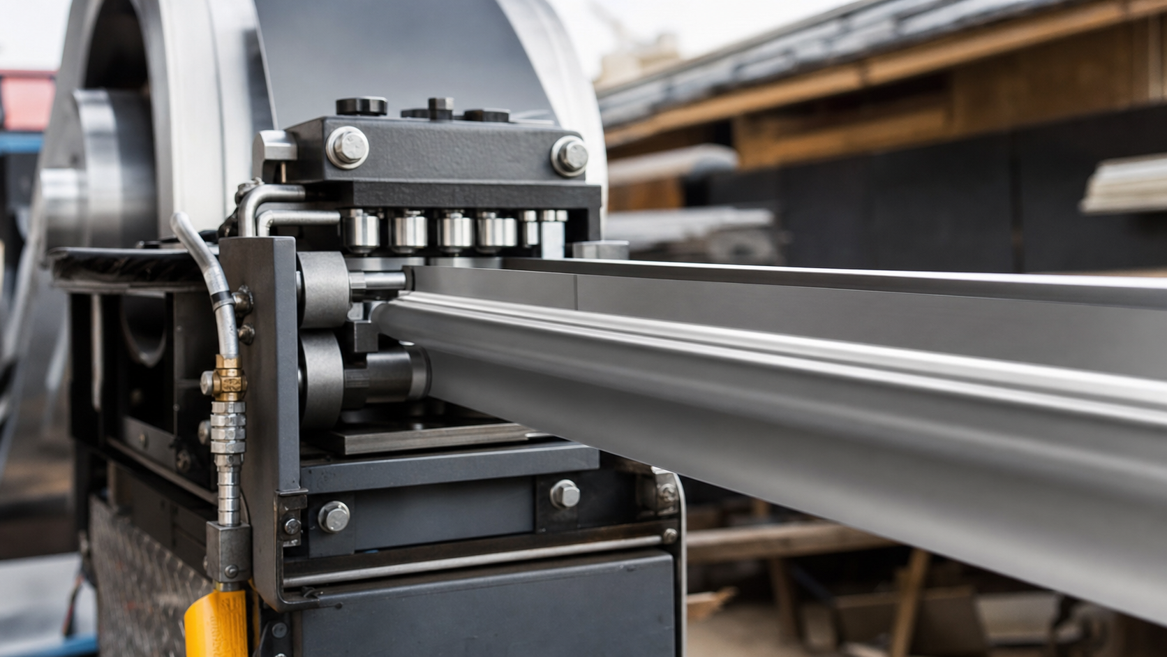 5-inch seamless gutter being formed on-site from a portable roll-forming machine