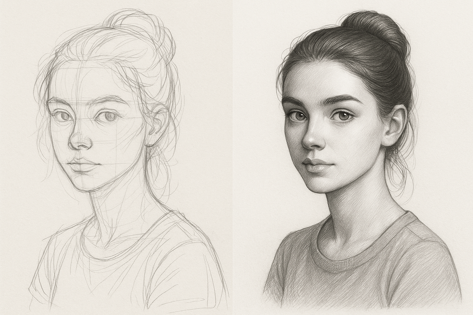 Visual comparison between loose sketching and detailed drawing