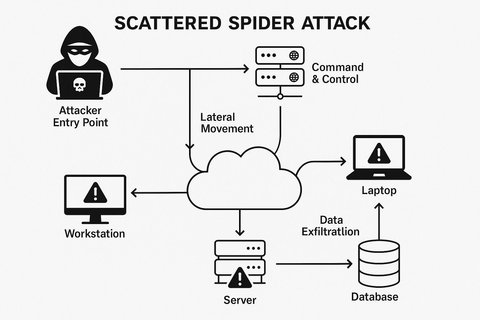 Attack flow diagram illustrating Scattered Spider's multi-stage compromise methodology