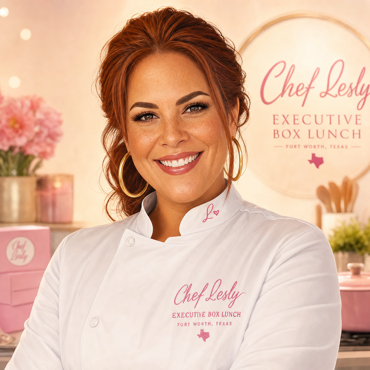 Chef Lesly in her white chef coat embroidered with Chef Lesly Executive Box Lunch Fort Worth Texas, surrounded by pink roses, candles, and signature pink Chef Lesly boxes
