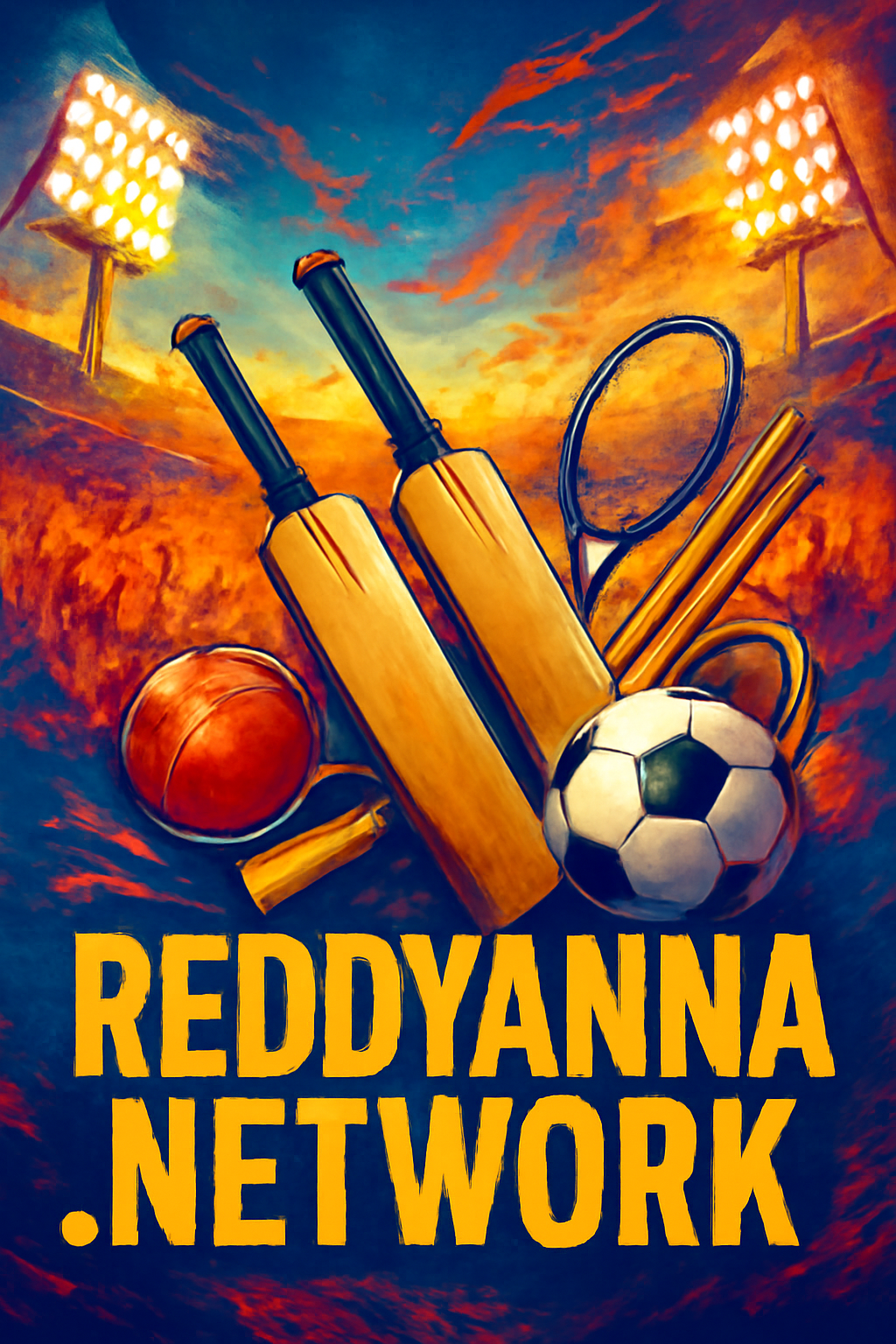 Sports-style ad poster for reddyanna.network with sports equipment and community background