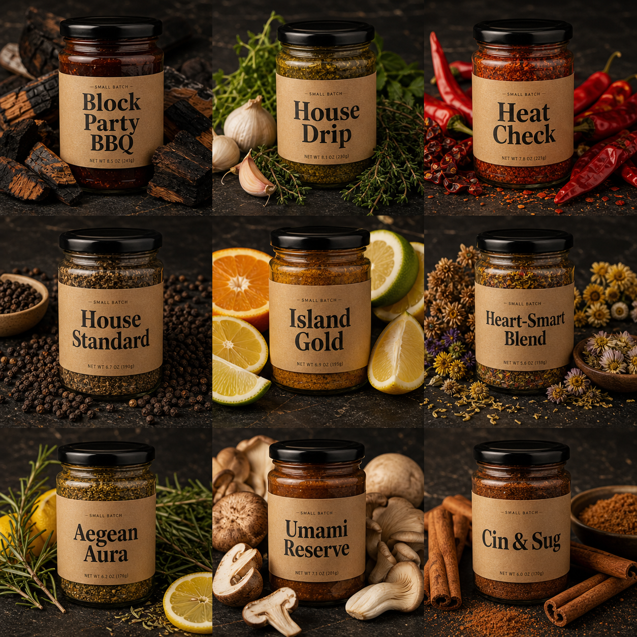 Nine D.R.O.P Kitchen products in branded 3x3 grid
